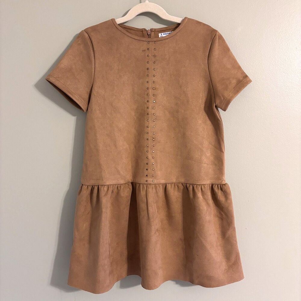 Mayoral Faux Suede Girls Dress Size 8 Boho Cottage Country Metal Studded Detail